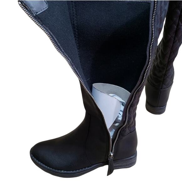 BONGO Bailey Knee High Boots Faux Rubber Wood Heel Black Quilted - Picture 9 of 11